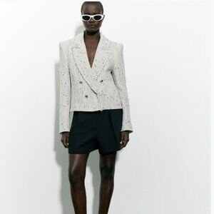Zara blazer textured Women's White Tweed double breasted suit Jacket